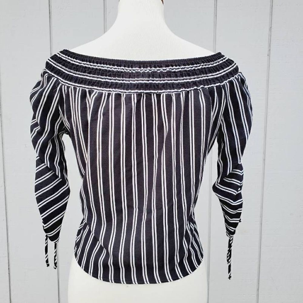 Polly & Esther Womens Blouse Black Striped 3/4 Sleeve Off Shoulder Ruched S New - Picture 3 of 7